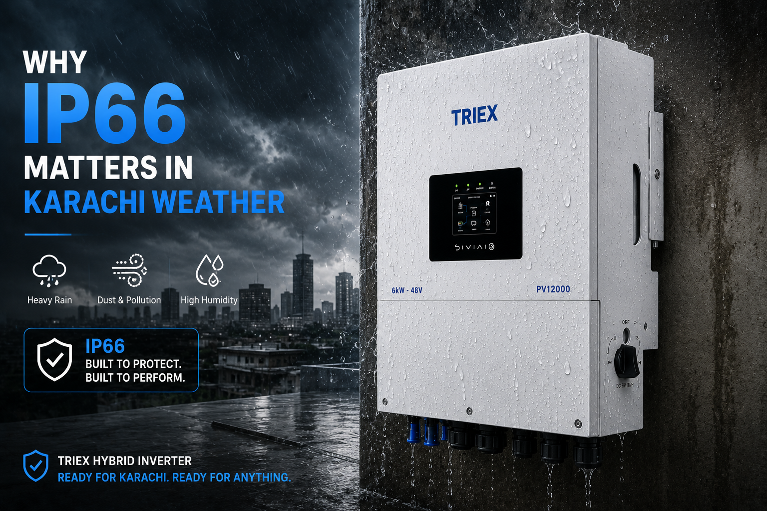 IP66 hybrid solar inverter installed outdoors in Karachi weather conditions