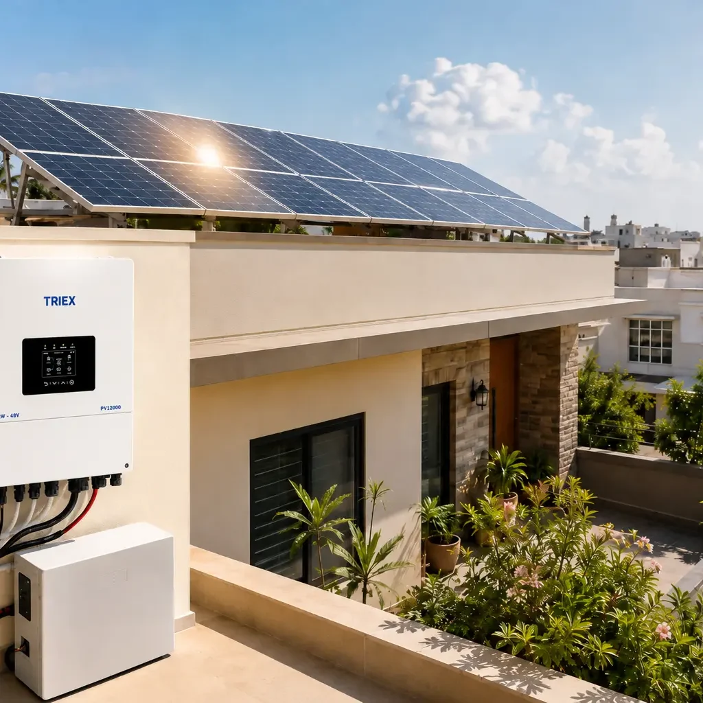 5kVA hybrid solar inverter installed in a Pakistani home with solar panels on the roof and a compact battery beside it