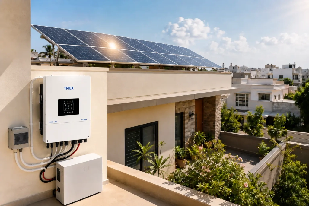 5kVA hybrid solar inverter installed in a Pakistani home with solar panels on the roof and a compact battery beside it