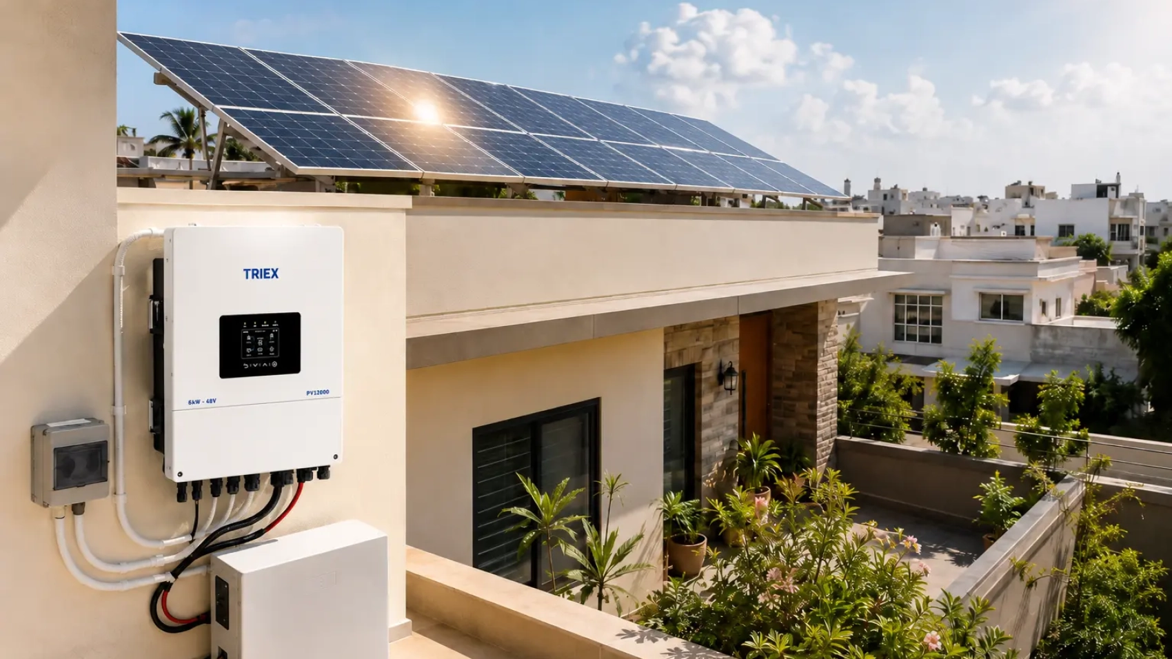 5kVA hybrid solar inverter installed in a Pakistani home with solar panels on the roof and a compact battery beside it